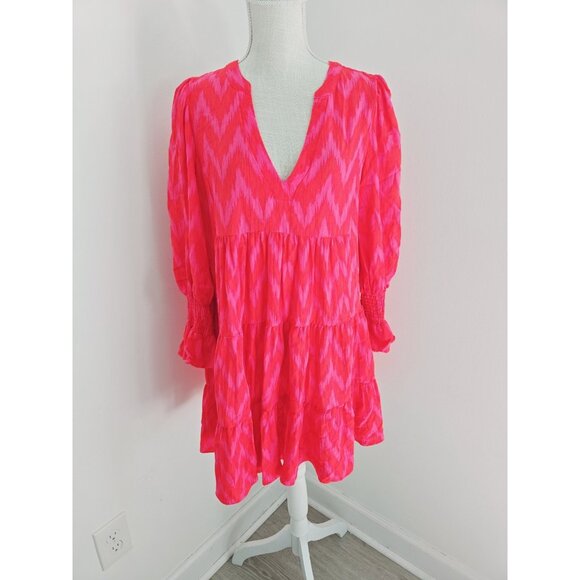 Pomander Place Tuckernuck Pink Ikat Kenzo Chevron V-Neck Mini Swing Dress Large - Picture 2 of 15